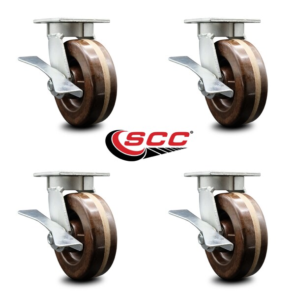 Service Caster 6 Inch Kingpinless High Temp Phenolic Wheel Swivel Caster Set with Brakes SCC SCC-KP30S620-PHRHT-SLB-4 - main